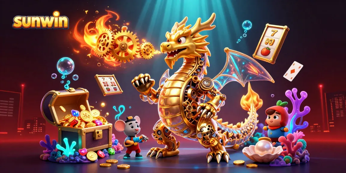Experience thrilling gameplay at sunwin with a dynamic casino scene featuring a golden dragon and various slots.