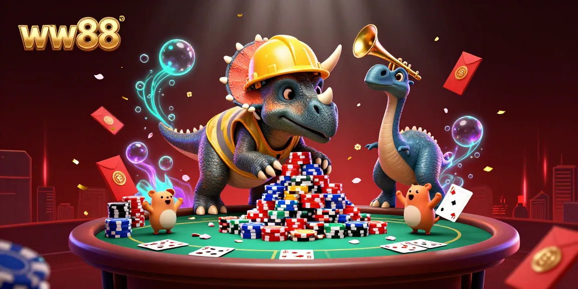 Engage in fun gaming action at ww88 with a lively casino scene featuring colorful characters and poker activities.