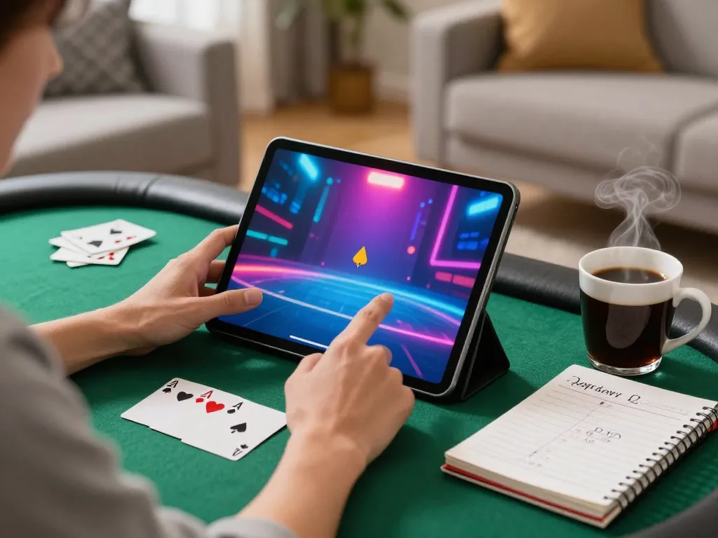 king33 online poker player enjoying a cozy home gaming session with strategy notes