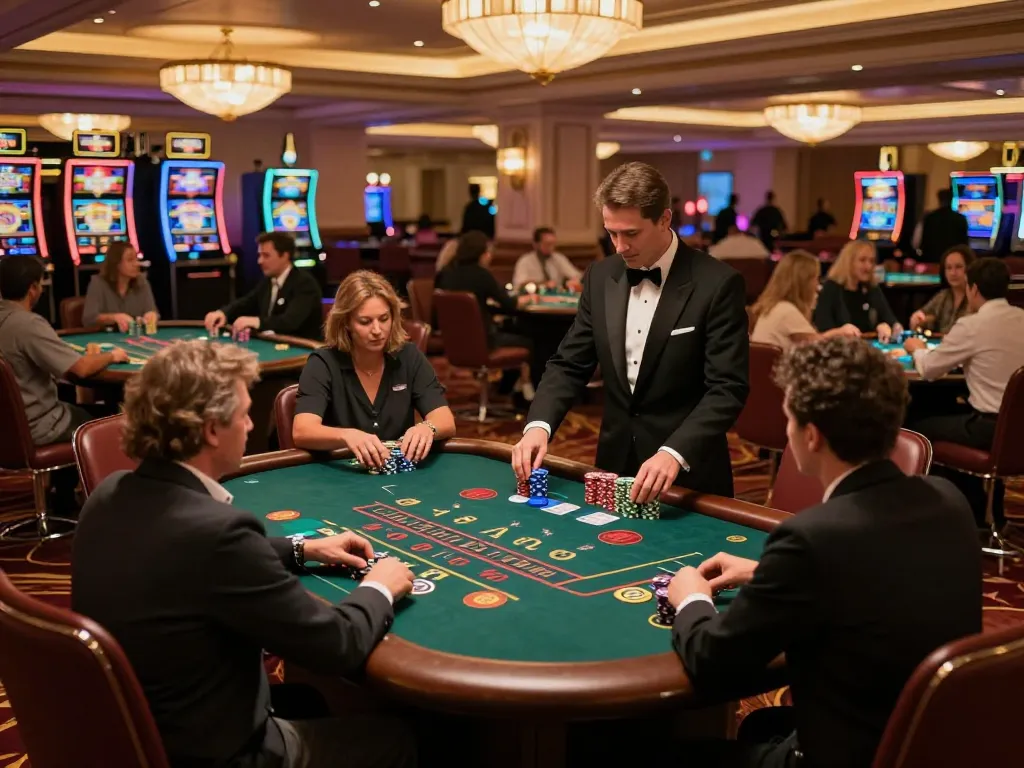 Players engaging in blackjack at TR88 casino table under warm ambient lighting.