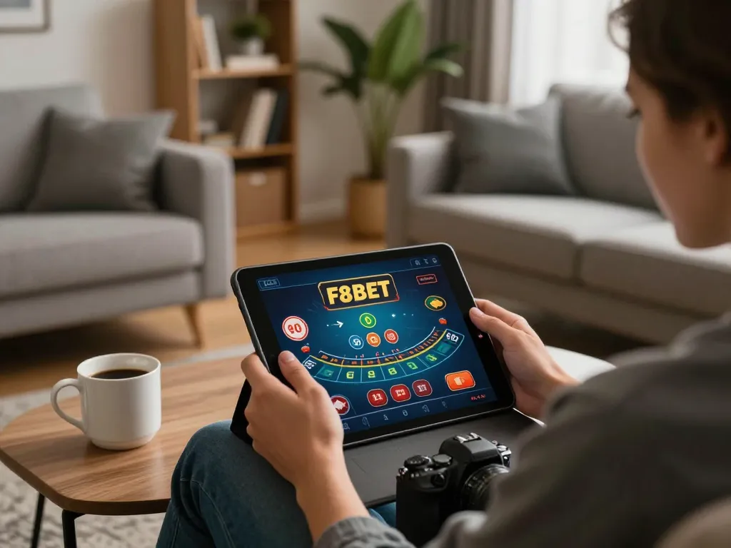Engaging in live blackjack on F8BET using a tablet in a cozy home setting.
