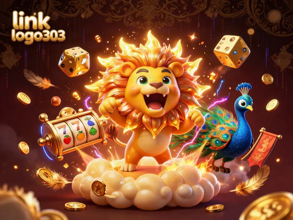Menghadirkan link logo303 dengan singa matahari kartun 3D di platform awan emas bersama dadu emas dan merak berbelakang