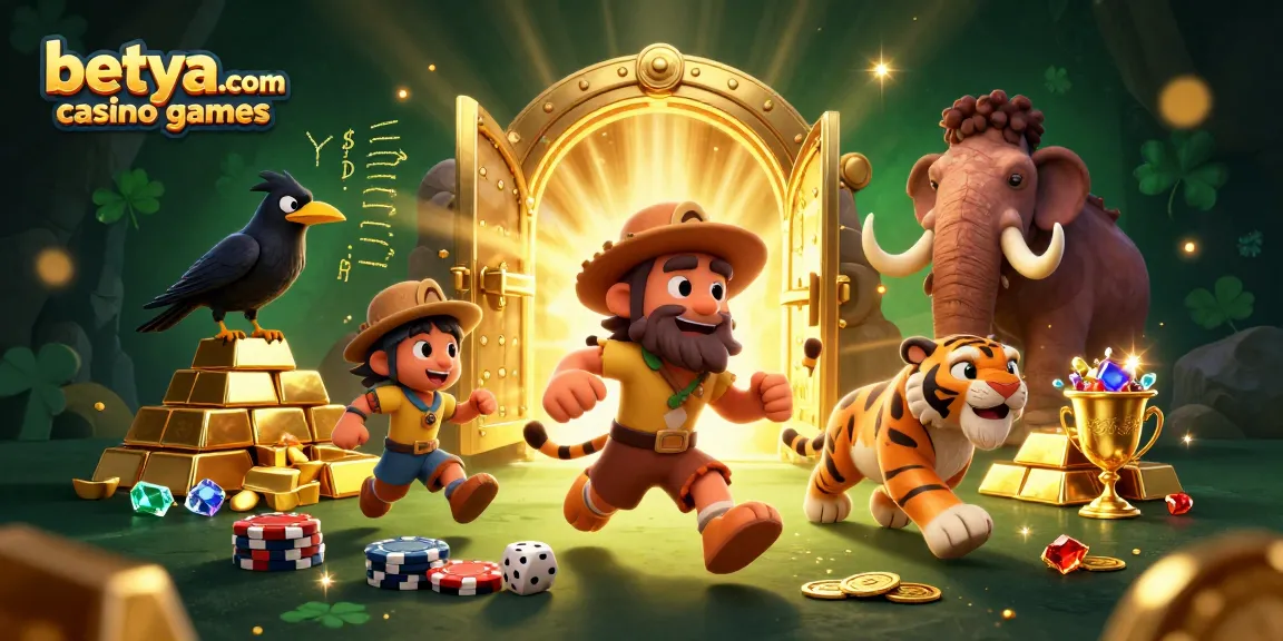 Experience thrills at betya.com casino games with a lively 3D illustration of a caveman, tiger, and crow running a prehistoric casino.