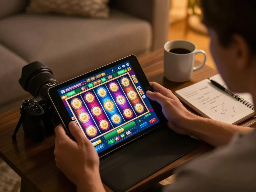 Engaging in online gaming at open88.com with vibrant slot game graphics in a cozy home setting