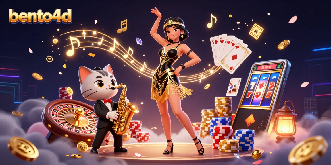 Rasakan bento4d dengan aksi kasino 3D yang hidup, menampilkan seorang wanita menari, kucing saksofon, dan elemen perjudian yang dinamis.