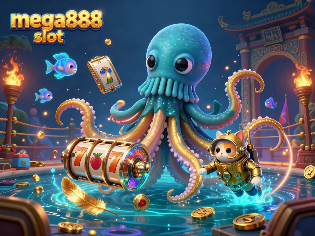 Engage with the mega888 slot through a vibrant 3D illustration showcasing dynamic characters and gambling elements.