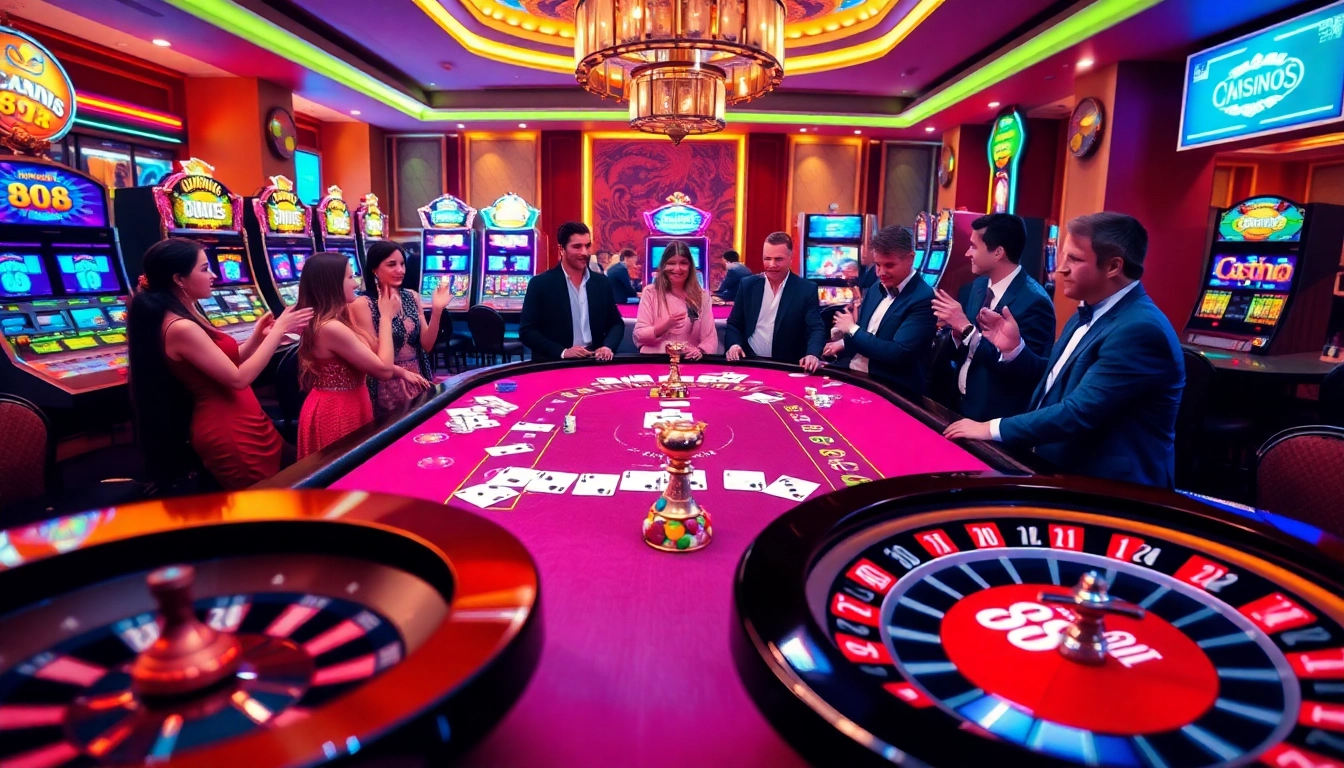 Casino players engage in an exciting blackjack game at 88i, surrounded by vibrant slot machines.
