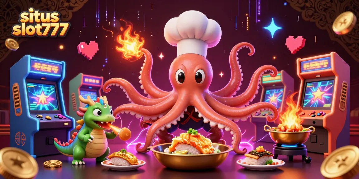 Sushi chef octopus and friends celebrating at situs slot777 with vibrant gaming elements
