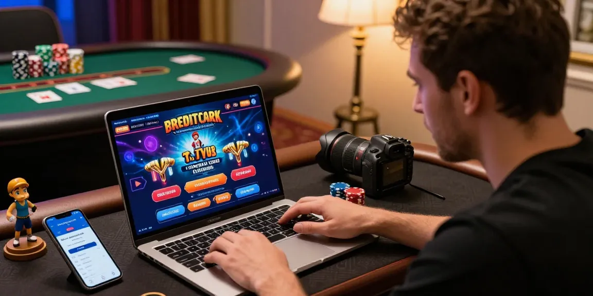 Enthusiastic online casino player engaging at a laptop with credit card options at https://dea.org.uk, lively atmosphere with gaming elements.