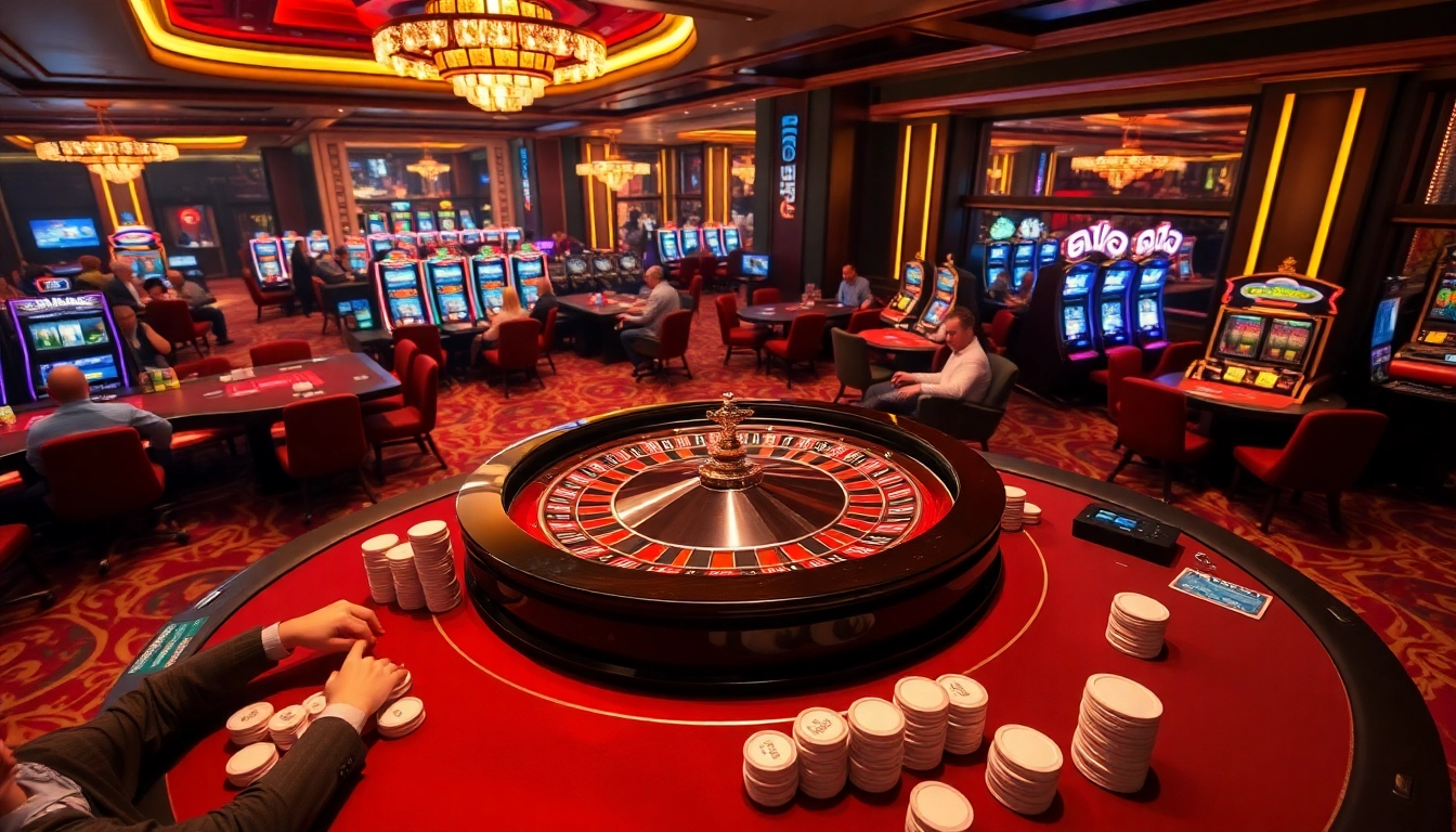 Players engaging at a vibrant casino scene featuring VT 88's luxurious roulette wheel and poker tables.