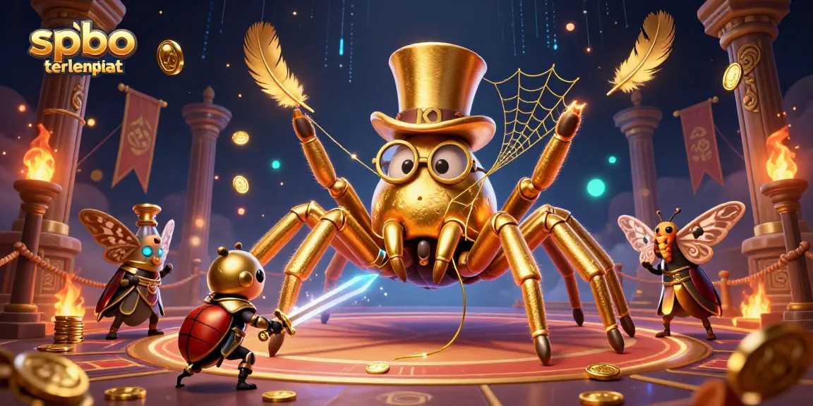 Engage with spbo terlengkap featuring a golden tarantula and beetle knight in a dynamic casino scene.