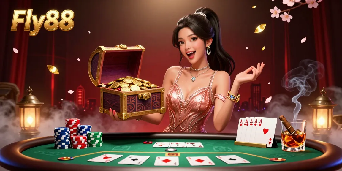 Experience the thrilling ambiance of Fly88's casino with vibrant poker elements and dazzling treasures.