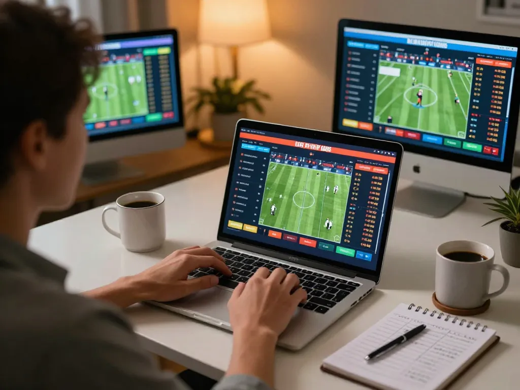 Keonhacai5 user analyzing sports betting odds on a modern laptop in a stylish home office