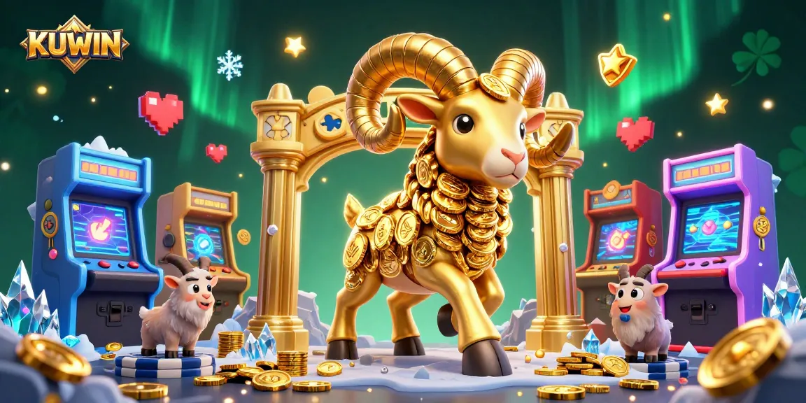 KUWIN's golden ram charges through a vibrant casino scene, showcasing fun game elements and excitement.