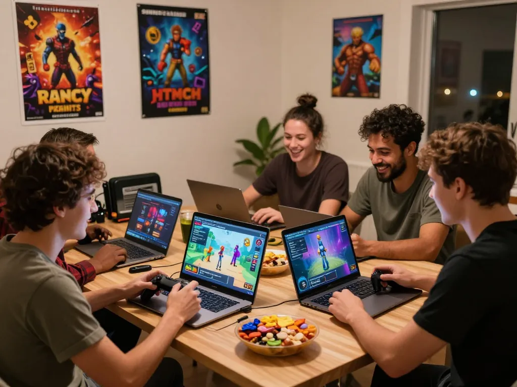 Friends enjoying HTML porn games together in a lively gaming environment.
