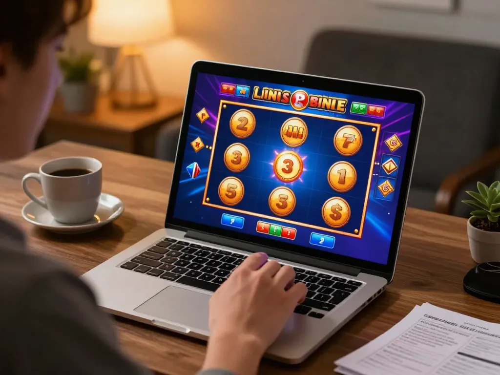 Engaging in slot gacor hari ini with online gaming excitement, vibrant visuals on laptop screen.