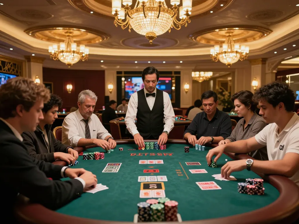 Active blackjack table at sun win casino with players engaged in strategic gameplay.