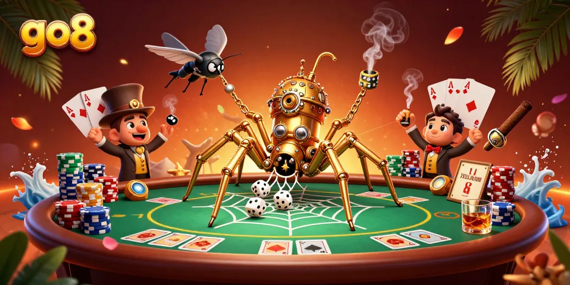 Engage in thrilling games at go8, featuring a gold spider weaving a web of luck with golden chains and poker chips.
