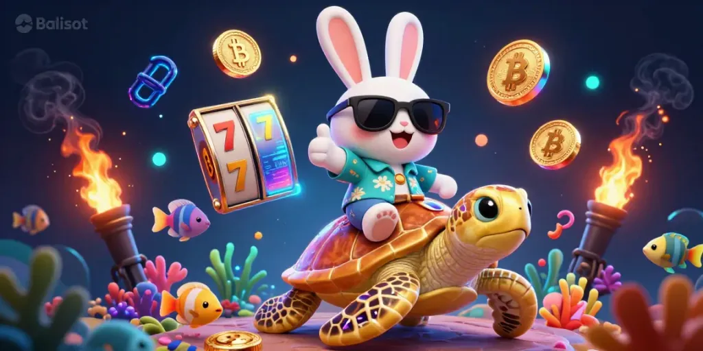 Balislot illustration with a lucky rabbit and golden turtle showcasing vibrant slot game elements in a lively underwater theme.
