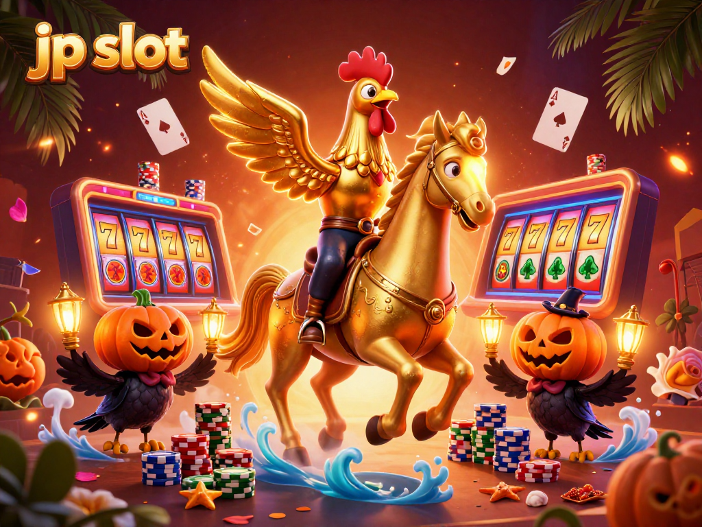 Experience thrilling gameplay with jp slot featuring a dynamic scene of golden rooster and spectral horse in a casino atmosphere.