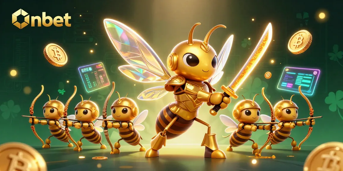 Experience the thrill of Onbet with golden hornet samurai and crypto elements in an engaging casino scene.