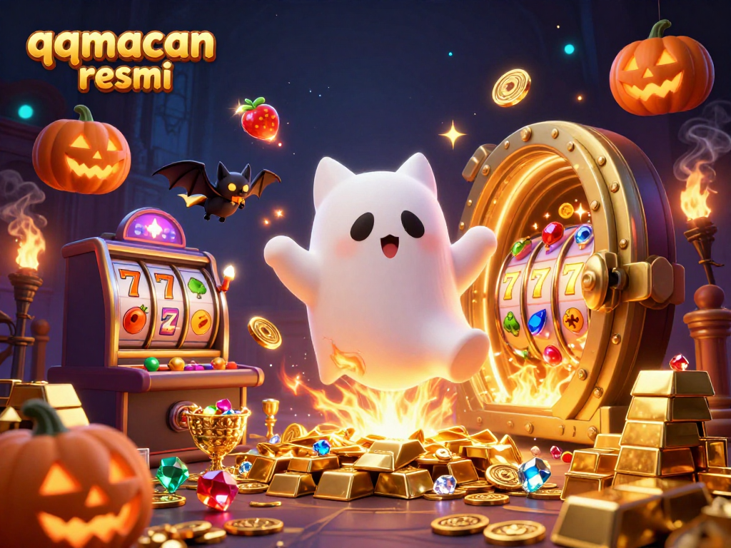 Experience the thrill of gambling with qqmacan resmi as ghostly characters explore a haunted casino.