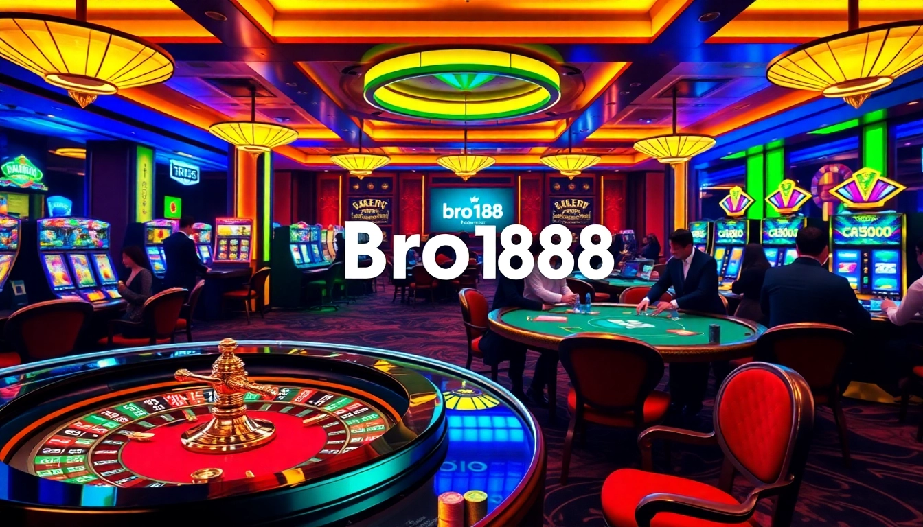 Bro138 players celebrating a win at an upscale casino with slot machines and tables.