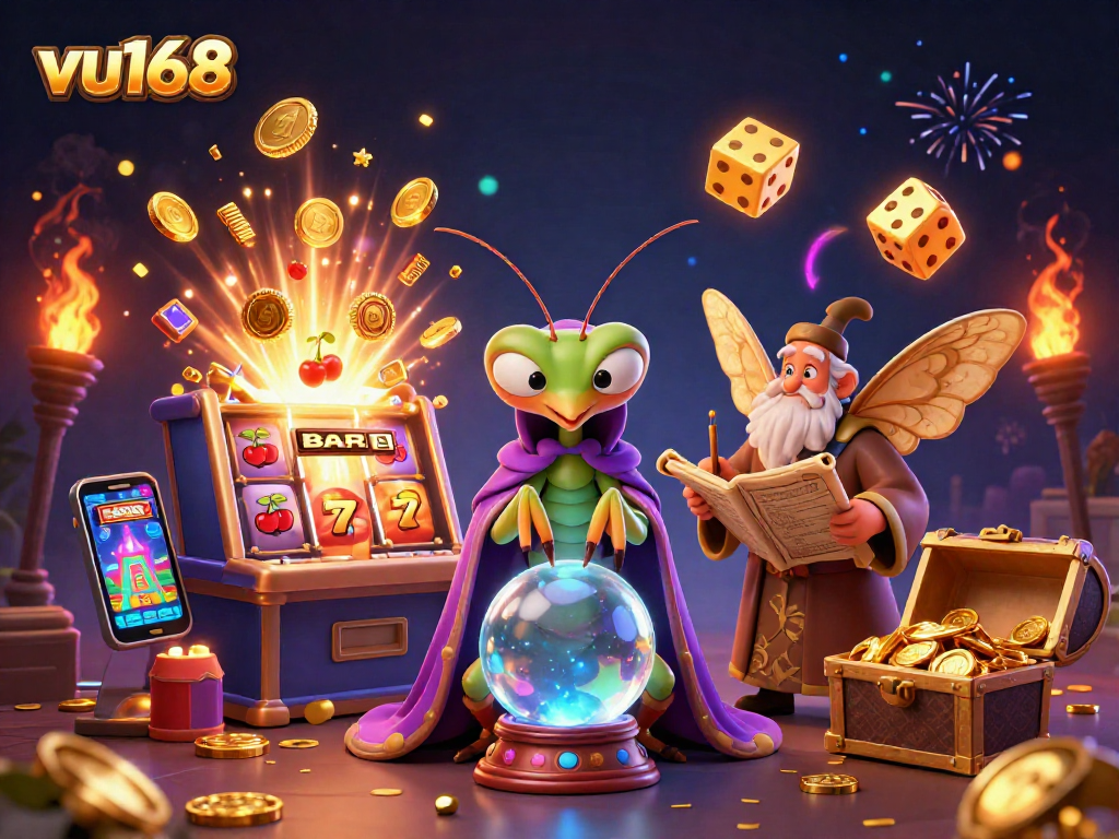 Experience thrilling gambling action at vu168 with a vibrant scene of fortune tellers and stunning slot machines.