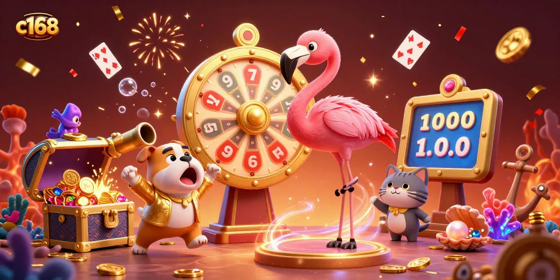 C168 gaming excitement with a flamingo host, bulldog contestant, and thrilling prize wheel in a vibrant casino scene.