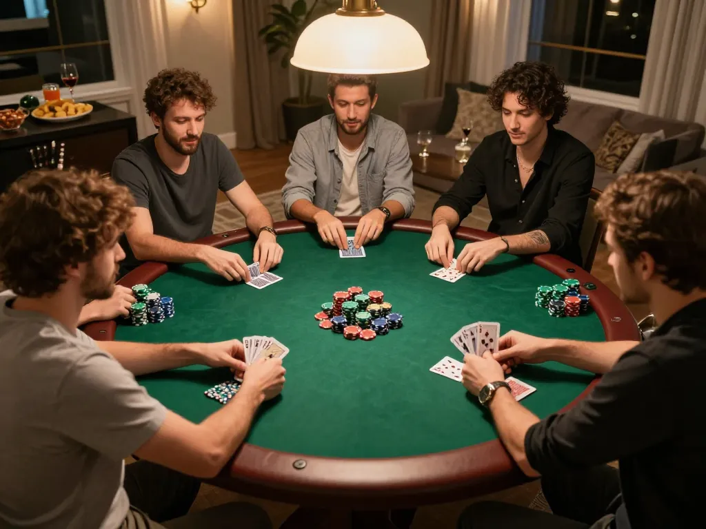 Engaging poker night with friends at home, showcasing thrilling gameplay with ww88 casino strategies.