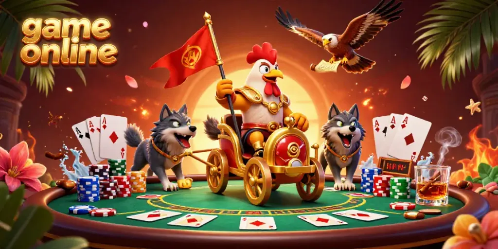 Engage with thrilling game online action featuring majestic war chariot and poker elements.