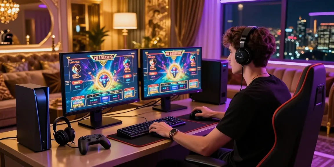 Setup permainan mewah untuk LUXURY111 Daftar dengan monitor canggih, headset premium, dan suasana kota malam yang mendukung pengalaman bermain slot.