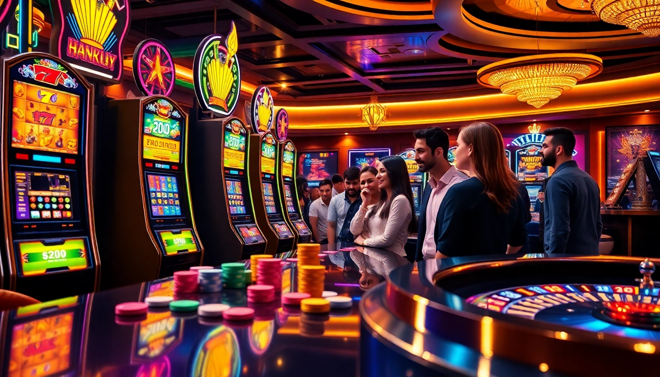 Players enjoying slot gacor machines with vibrant lights and thrilling atmosphere in a luxurious casino.