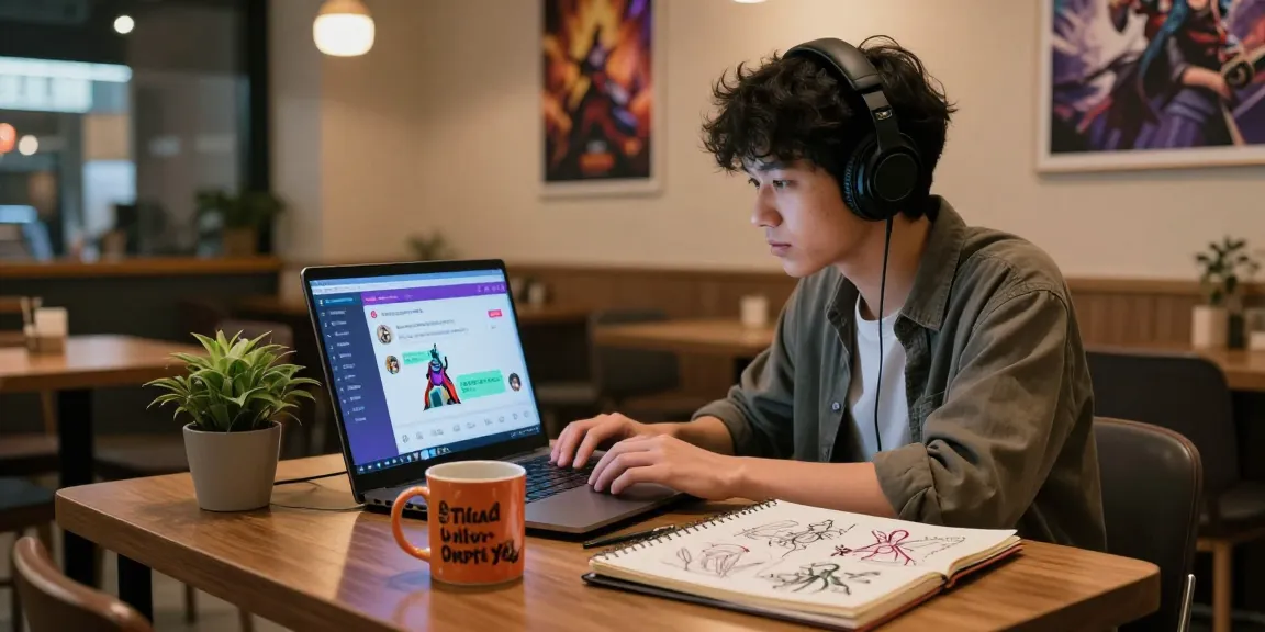 Engaging AI roleplay setting with a person typing on a laptop, showcasing character creation.