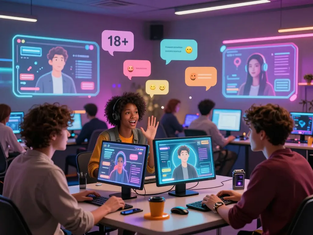 Interactive 18+ AI chat environment showcasing diverse avatars in vibrant digital space.
