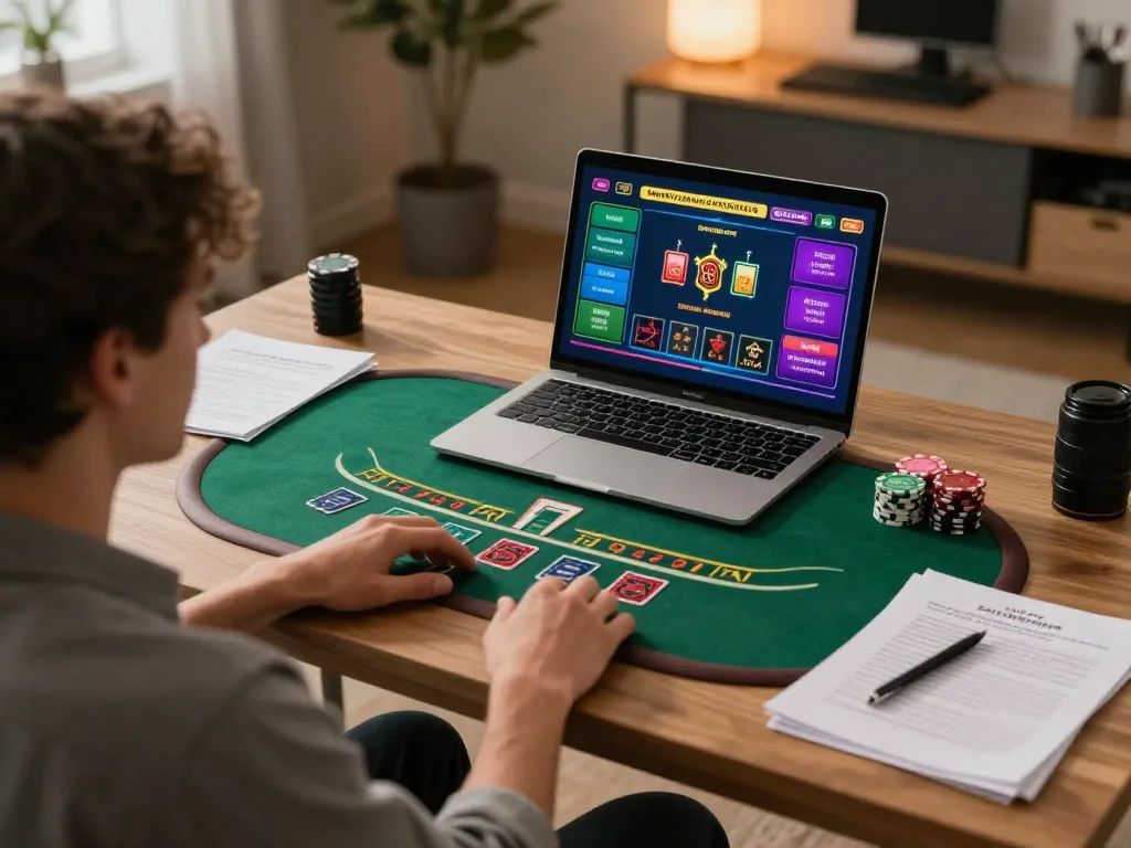 Engaging online blackjack gameplay experience while watching ดูหนังใหม่ in a home office.
