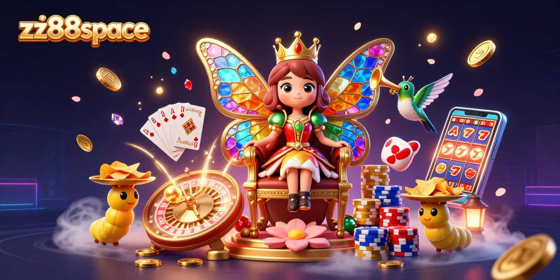 Experience excitement at zx88space with the colorful butterfly queen surrounded by casino elements.