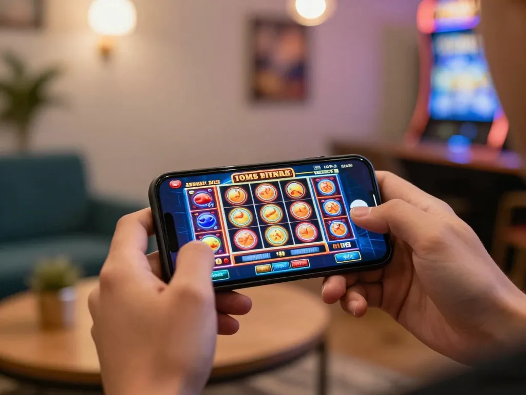 Engaging mobile gaming moment at https://goal123.ac/ with vibrant slots game display and relaxed atmosphere.