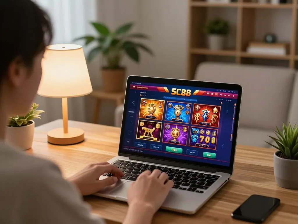 Engaging scene of online gaming at SC88, showing a player enjoying casino games on a laptop in a cozy home setting.