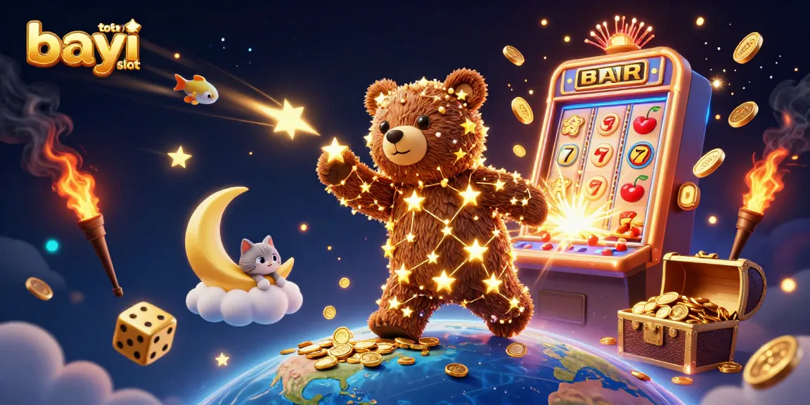 Bayi toto slot illustrates a dynamic jackpot scene with a constellation bear, shooting stars, and casino elements.