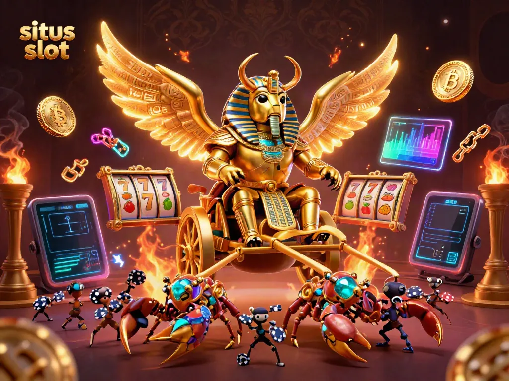 Experience the excitement of situs slot with a vibrant 3D illustration of winning symbols and characters.