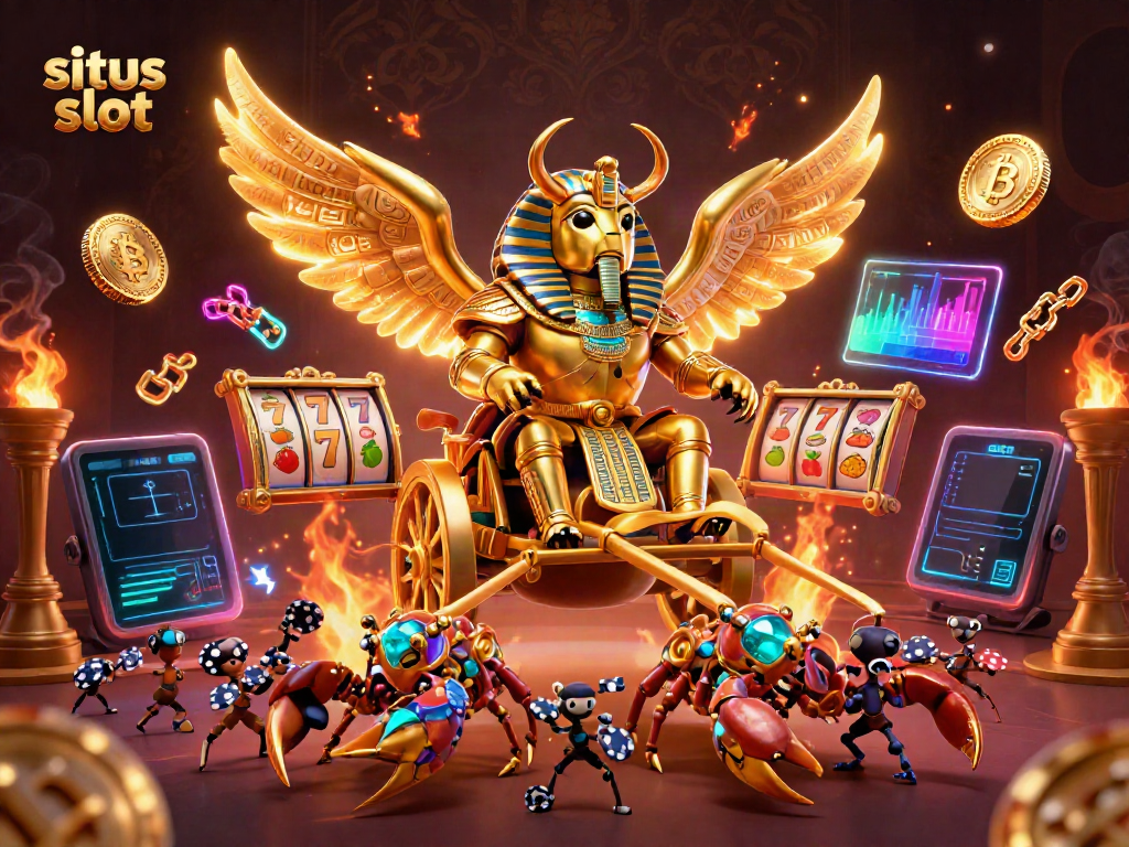 Experience the excitement of situs slot with a vibrant 3D illustration of winning symbols and characters.