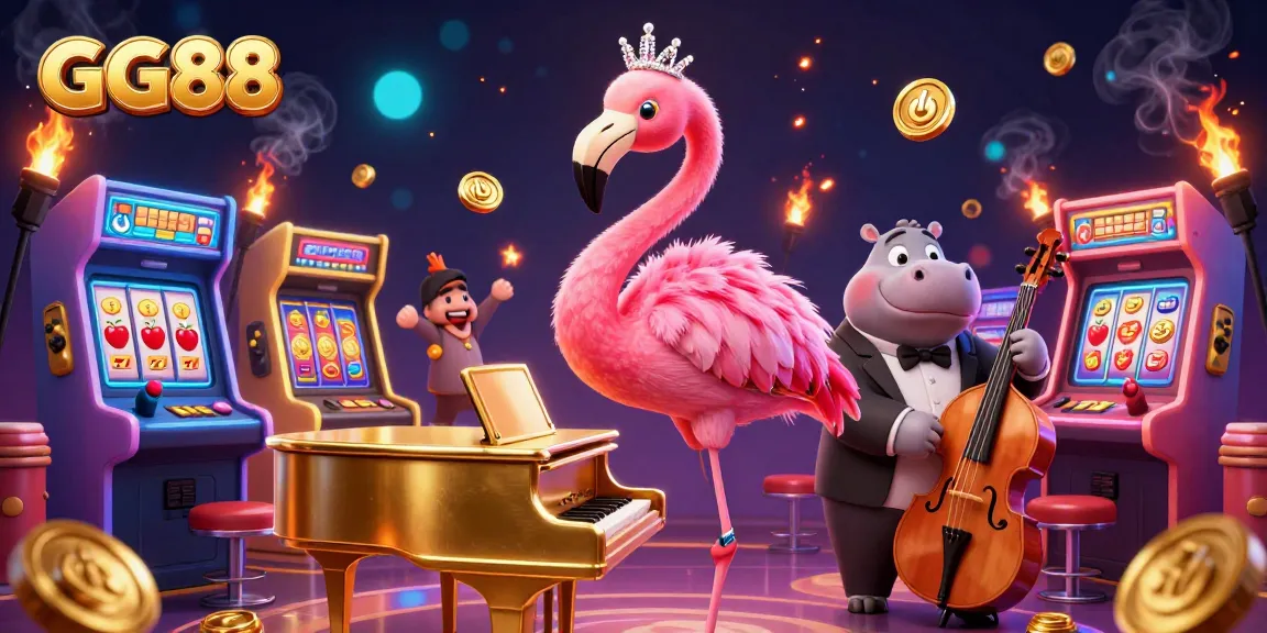 Win big at GG88 with vibrant casino illustrations featuring a flamingo singer and hippo bassist.