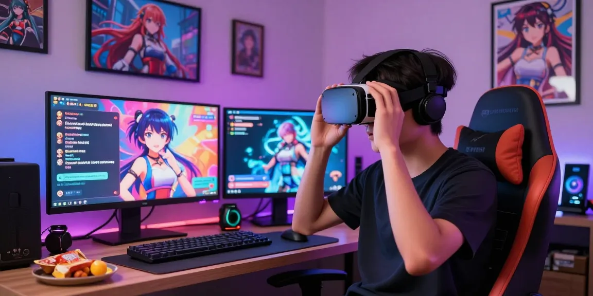 Engaging hentai ai chat scene with a user interacting with a vibrant animated AI character in a cozy virtual reality setting.