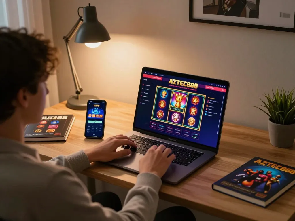 Player engaged with AZTEC888 online gaming, showcasing a vibrant casino interface on a laptop.