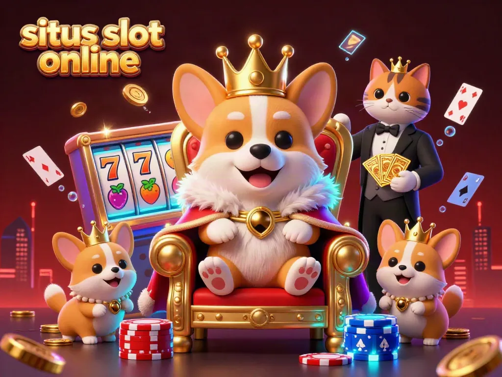 Menggiring kemenangan di situs slot online dengan corgi bermahkota, chip poker, dan harta karun berkilauan.