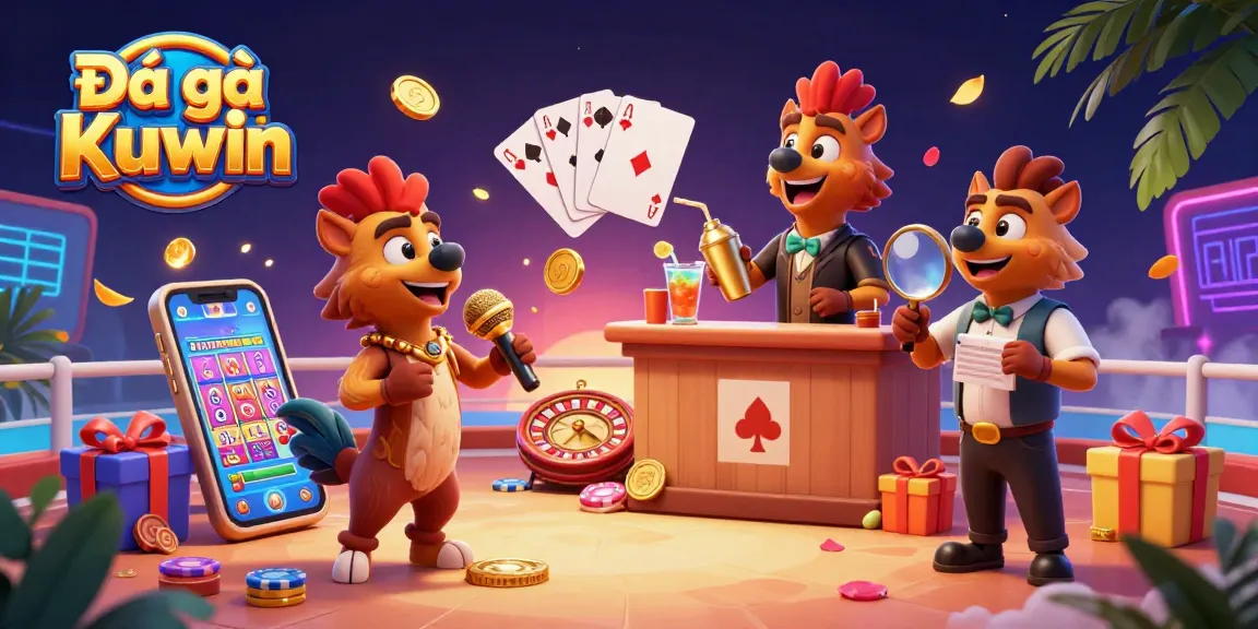 Experience Đá gà Kuwin through a vibrant 3D illustration showcasing cockfighting excitement with animated hyenas.