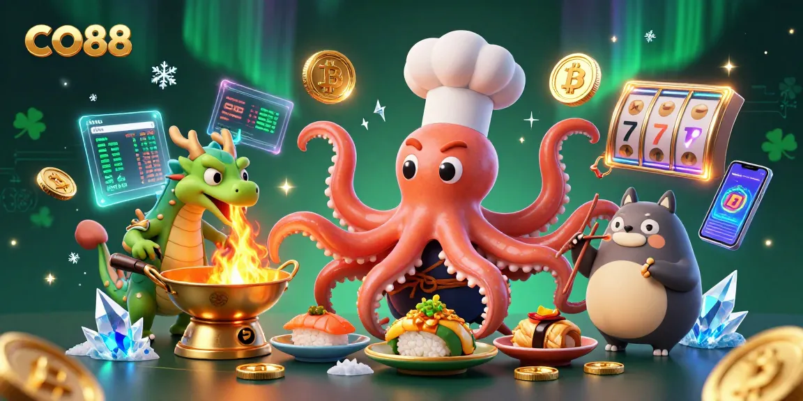 Experience thrilling CO88 victories alongside a sushi chef octopus and a dragon in a vibrant casino atmosphere.