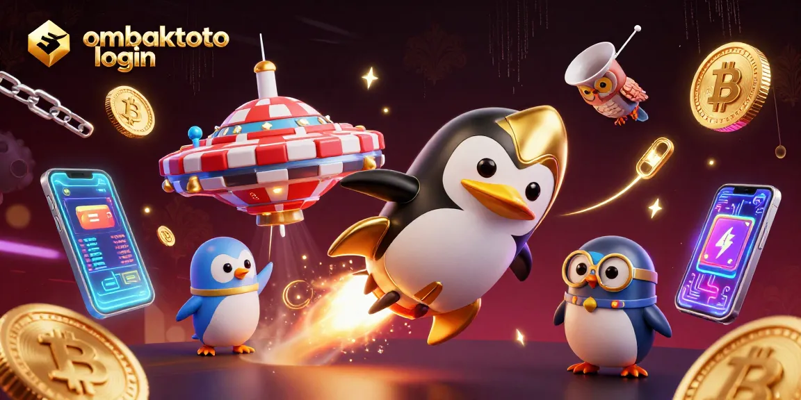 Join the fun with ombaktoto login, featuring a golden penguin with casino elements in a vibrant space.