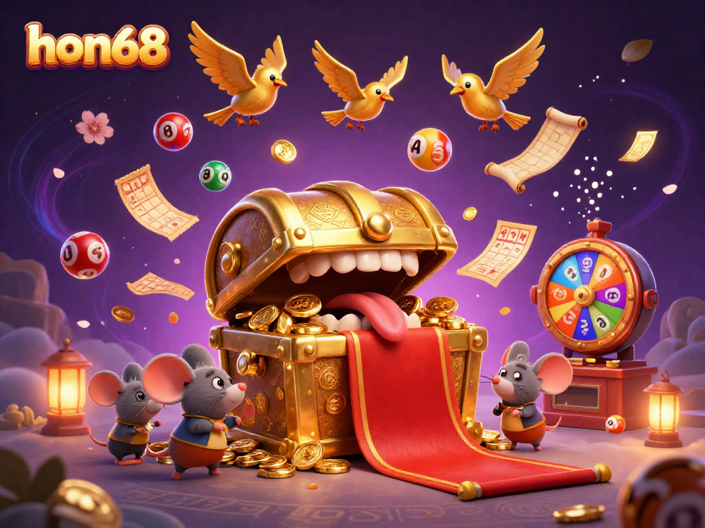 Experience thrilling fun at hon68 with a vibrant casino scene featuring a treasure chest and exciting game elements.